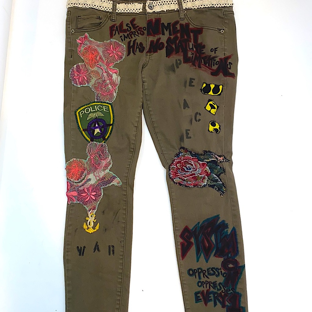 Army green patchwork skinny stretch jeans